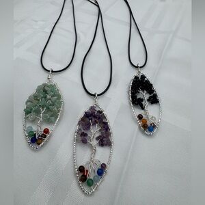 Chakra (Multi Stone) Silver Finish Wire-Wrapped Tree of Life Pendant CHOOSE 1